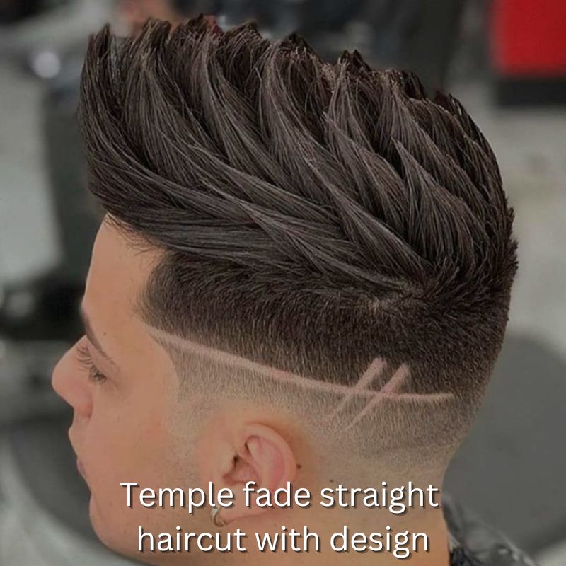 Temple fade straight haircut with design